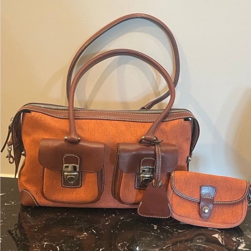 Dooney & Bourke Satchel Set w/ Matching Pouch in Orange & Brown Suede & Leather